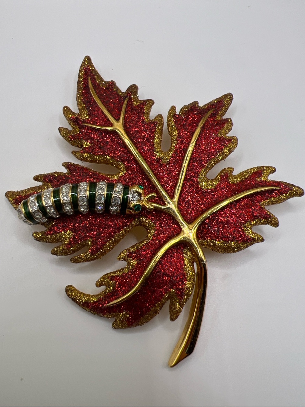 Joan Rivers Autumn Maple Leaf Caterpillar Brooch Glitter Rhinestone Large